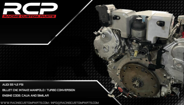 Audi S5 RS5 4,2 V8 fsi turbo custom intake manifold cnc turbo conversion walke motorsport racing custom parts rcp caua cau additional fuel rail mpi fueling audi power dragracing 2000hp caua