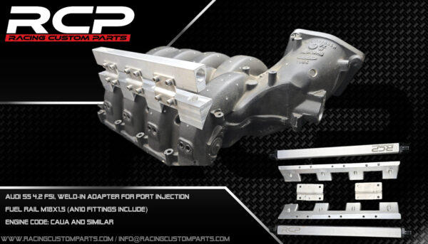 Audi S5 RS5 4,2 V8 fsi turbo custom intake manifold cnc turbo conversion walke motorsport racing custom parts rcp caua cau additional fuel rail mpi fueling audi power dragracing 2000hp caua port injectors weldin adapers additional fuel rail