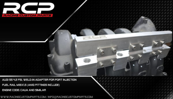 Audi S5 RS5 4,2 V8 fsi turbo custom intake manifold cnc turbo conversion walke motorsport racing custom parts rcp caua cau additional fuel rail mpi fueling audi power dragracing 2000hp caua port injectors weldin adapers additional fuel rail