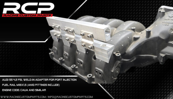 Audi S5 RS5 4,2 V8 fsi turbo custom intake manifold cnc turbo conversion walke motorsport racing custom parts rcp caua cau additional fuel rail mpi fueling audi power dragracing 2000hp caua port injectors weldin adapers additional fuel rail