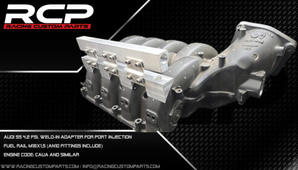 Audi S5 RS5 4,2 V8 fsi turbo custom intake manifold cnc turbo conversion walke motorsport racing custom parts rcp caua cau additional fuel rail mpi fueling audi power dragracing 2000hp caua port injectors weldin adapers additional fuel rail