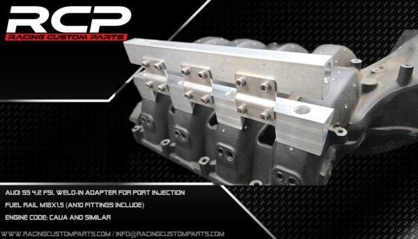Audi S5 RS5 4,2 V8 fsi turbo custom intake manifold cnc turbo conversion walke motorsport racing custom parts rcp caua cau additional fuel rail mpi fueling audi power dragracing 2000hp caua port injectors weldin adapers additional fuel rail