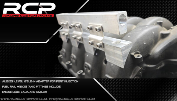 Audi S5 RS5 4,2 V8 fsi turbo custom intake manifold cnc turbo conversion walke motorsport racing custom parts rcp caua cau additional fuel rail mpi fueling audi power dragracing 2000hp caua port injectors weldin adapers additional fuel rail