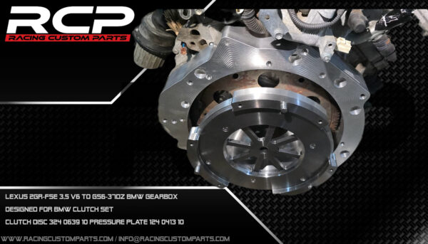 Lexus 2GR-FSE to GS6-37DZ adapter set lexus 2gr-fse 3,5 v6 engine swap toyota turbo bmw gearbox drift gs637dz rcp racing custom parts oil pan oil sump custom oil pan bmw gearbox gs6-37dz adapter plate adaptor spacer flywheel custom flyhweel