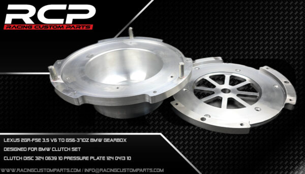 Lexus 2GR-FSE to GS6-37DZ adapter set lexus 2gr-fse 3,5 v6 engine swap toyota turbo bmw gearbox drift gs637dz rcp racing custom parts oil pan oil sump custom oil pan bmw gearbox gs6-37dz adapter plate adaptor spacer flywheel custom flyhweel