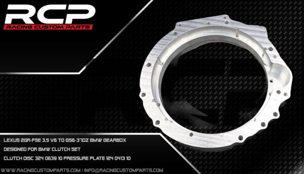 Lexus 2GR-FSE to GS6-37DZ adapter set lexus 2gr-fse 3,5 v6 engine swap toyota turbo bmw gearbox drift gs637dz rcp racing custom parts oil pan oil sump custom oil pan bmw gearbox gs6-37dz adapter plate adaptor spacer flywheel custom flyhweel
