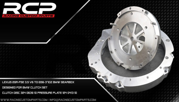 Lexus 2GR-FSE to GS6-37DZ adapter set lexus 2gr-fse 3,5 v6 engine swap toyota turbo bmw gearbox drift gs637dz rcp racing custom parts oil pan oil sump custom oil pan bmw gearbox gs6-37dz adapter plate adaptor spacer flywheel custom flyhweel